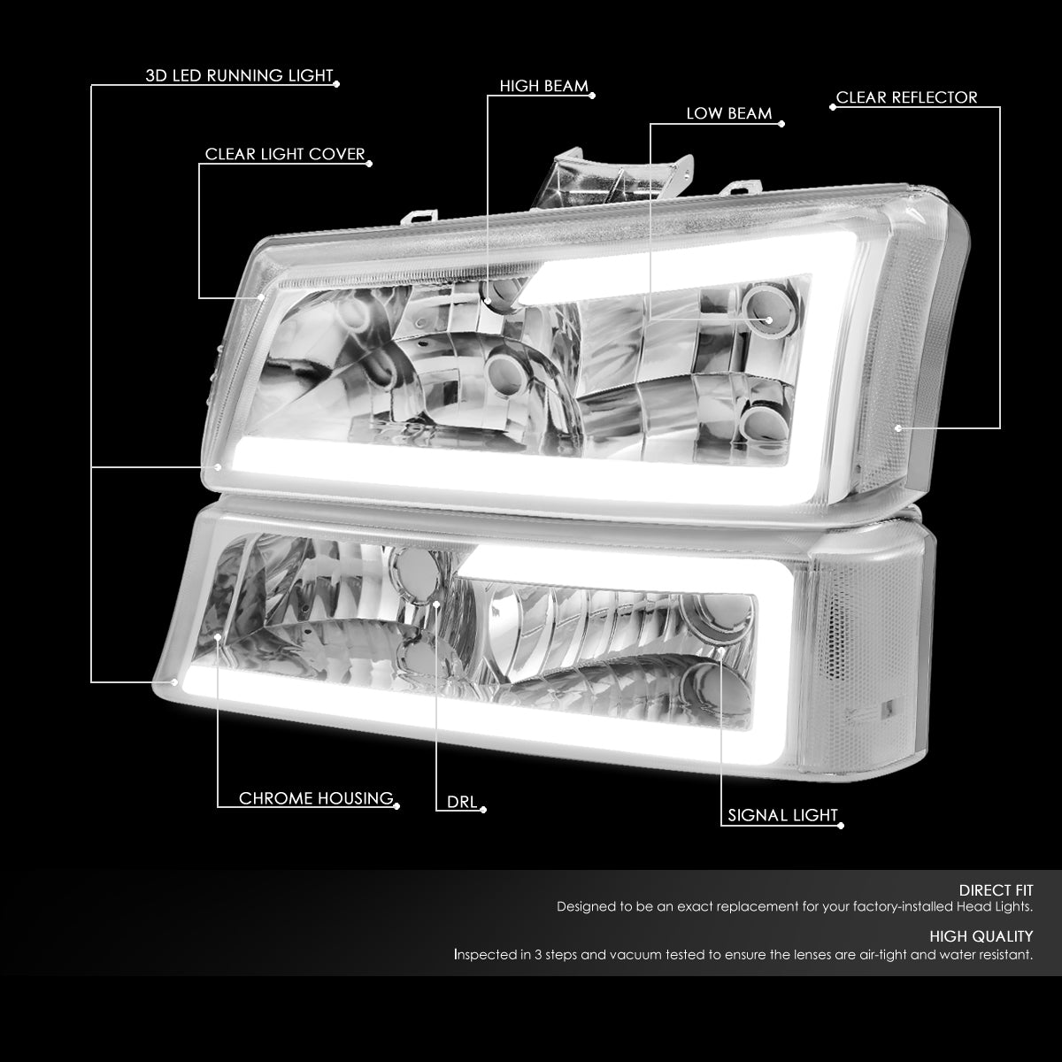 03-07 CHEVY SILVERADO AVALANCHE LED DRL HEADLIGHT & BUMPER LAMPS CHROME/CLEAR
