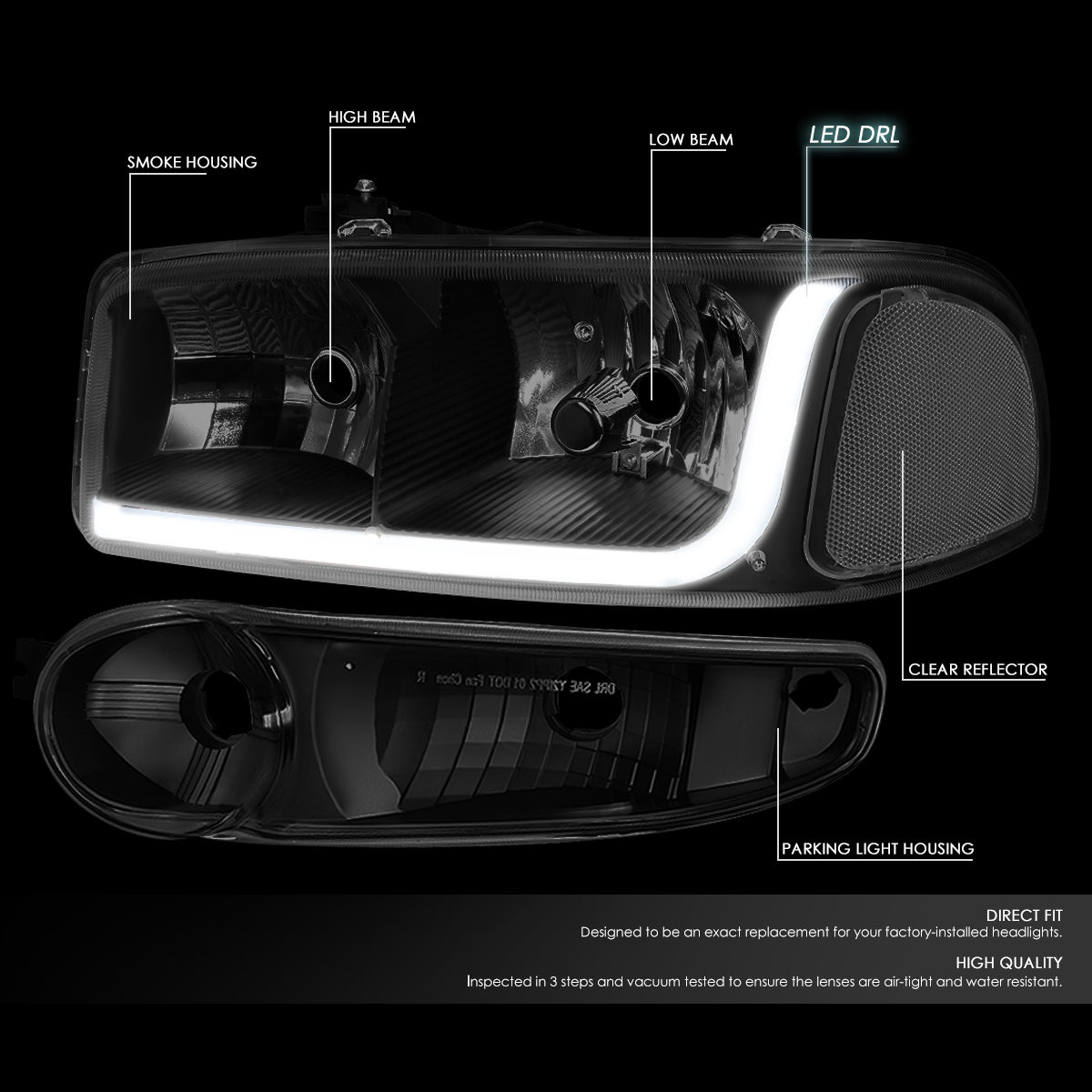 01-07 GMC SIERRA/YUKON DENALI LED DRL TINTED CLEAR HEADLIGHTS+BUMPER LAMPS