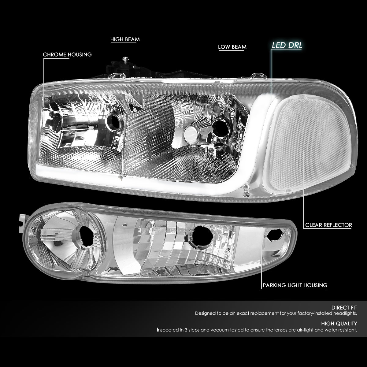 01-07 GMC SIERRA/YUKON DENALI LED DRL CHROME CLEAR HEADLIGHTS+BUMPER LAMPS