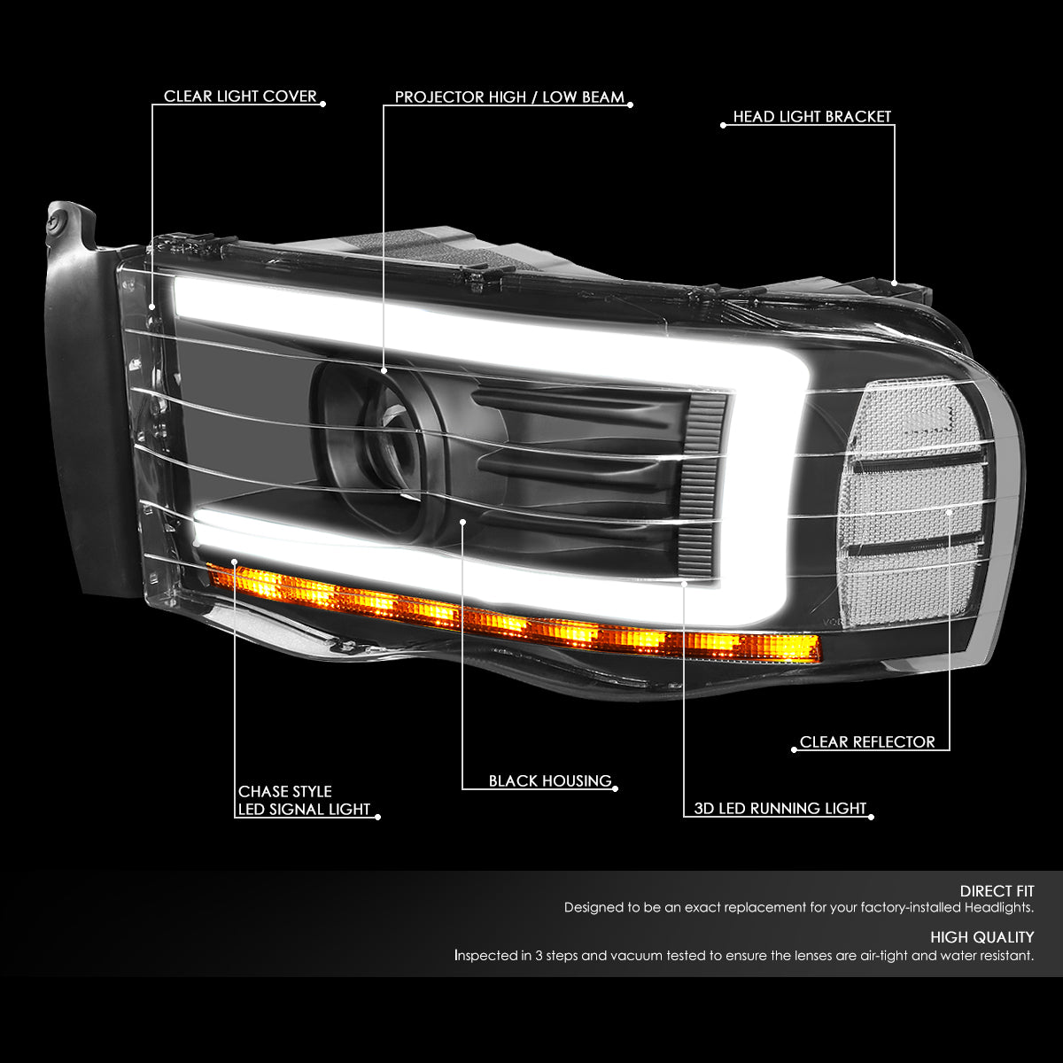 02-05 DODGE RAM BLACK SEQUENTIAL TURN SIGNAL PROJECTOR HEADLIGHTS