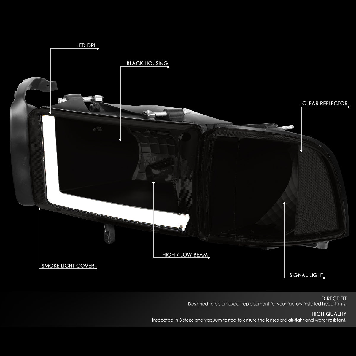 94-02 DODGE RAM 1500 2500 3500 HEADLIGHT LAMPS BLACK/SMOKED