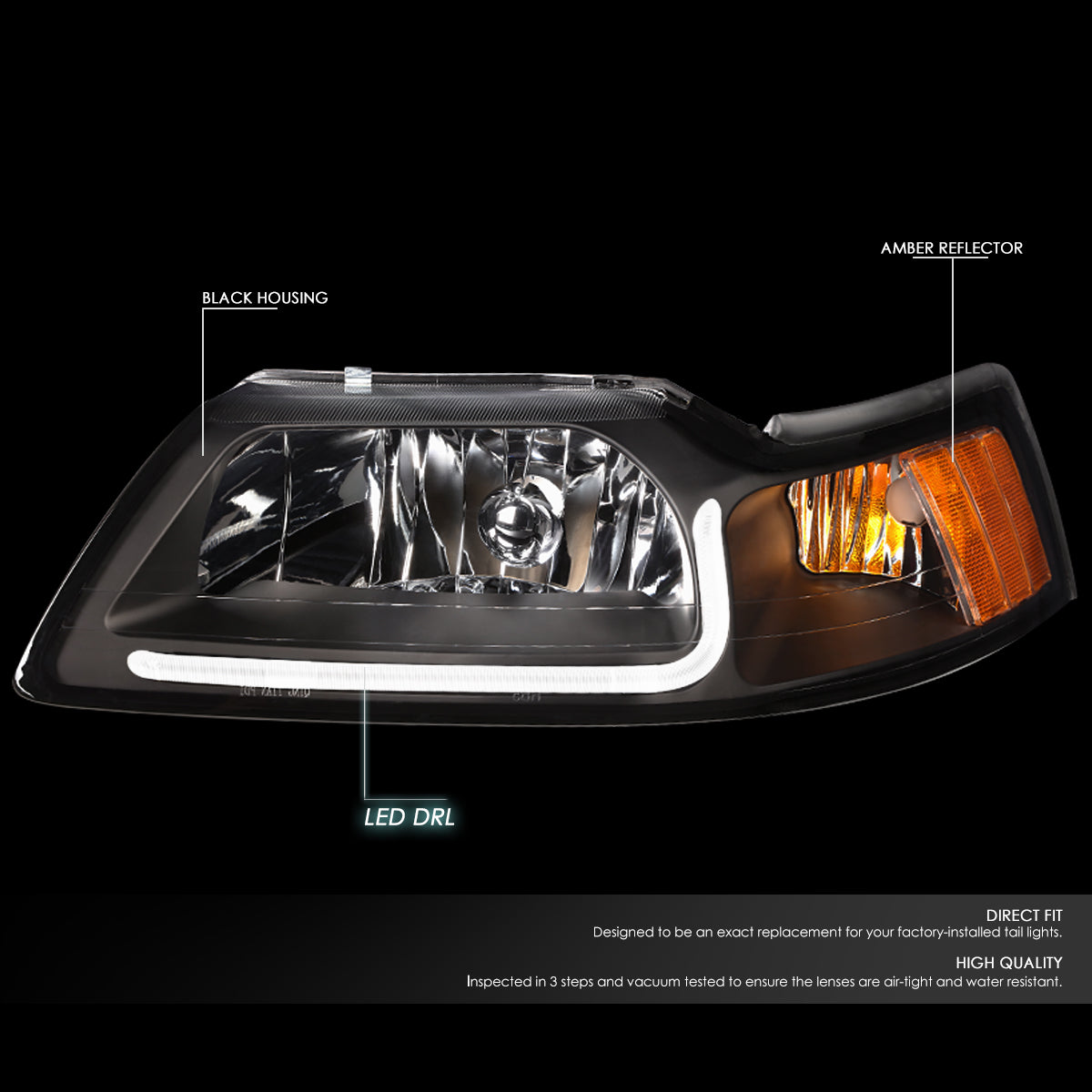 1999-2004 FORD MUSTANG PAIR BLACK HOUSING AMBER CORNER HEADLIGHT