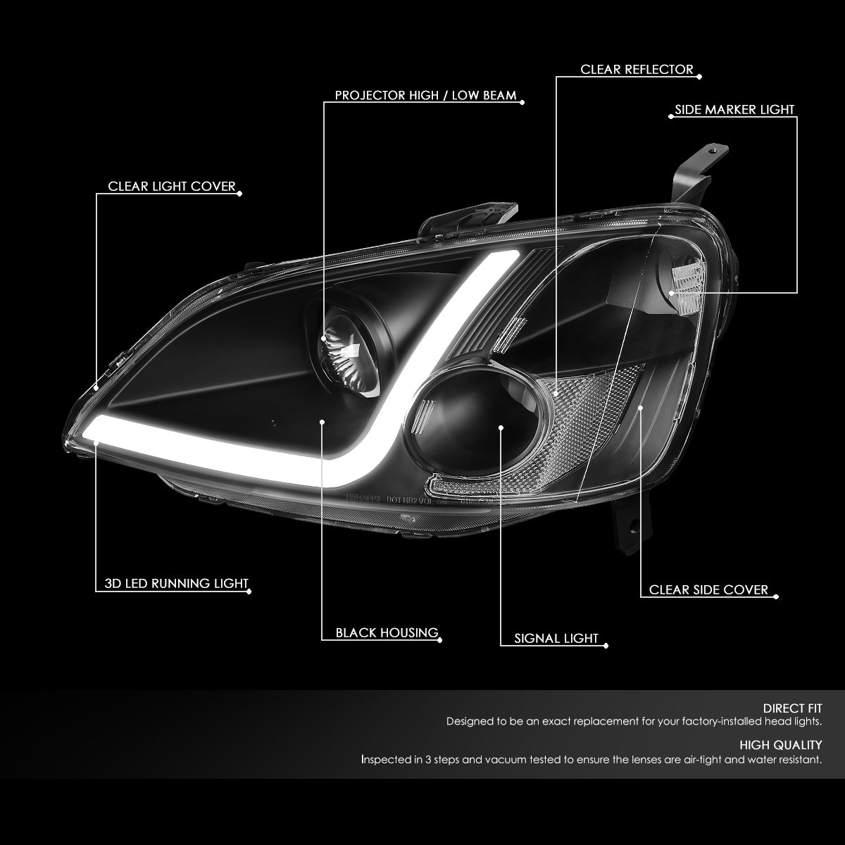 01-03 HONDA CIVIC COUPE/SEDAN BLACK CLEAR PROJECTOR HEADLIGHT LAMPS