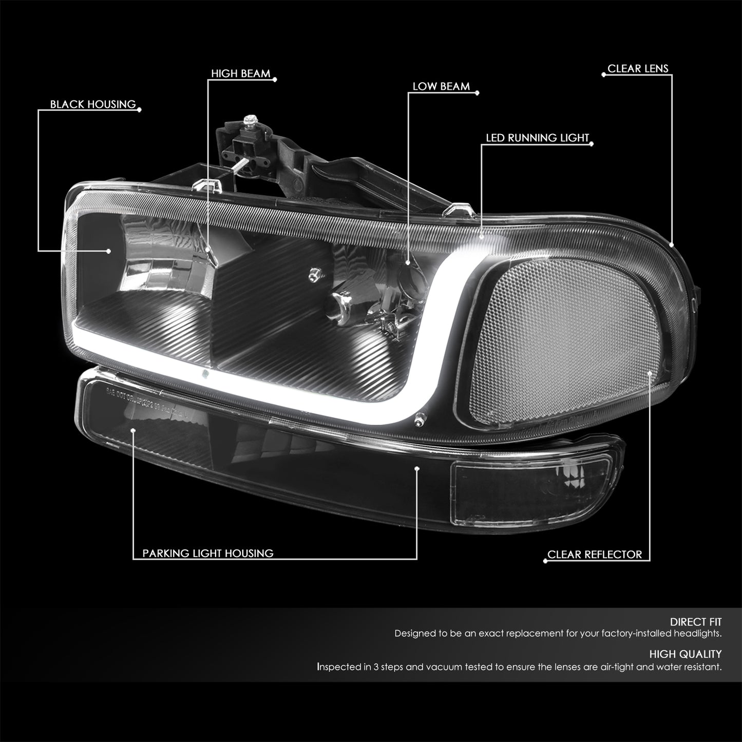 99-07 GMC Sierra 1500 2500 3500 LED DRL Black/Clear Headlights & Bumper Lens
