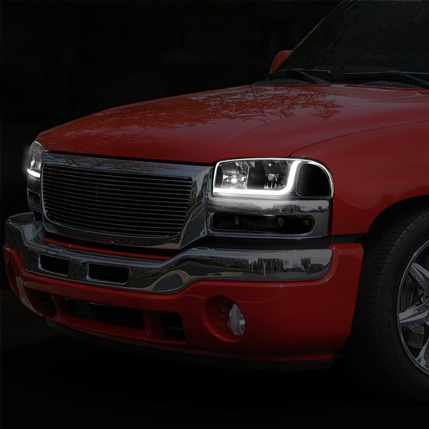 99-07 GMC Sierra 1500 2500 3500 LED DRL Black/Clear Headlights & Bumper Lens