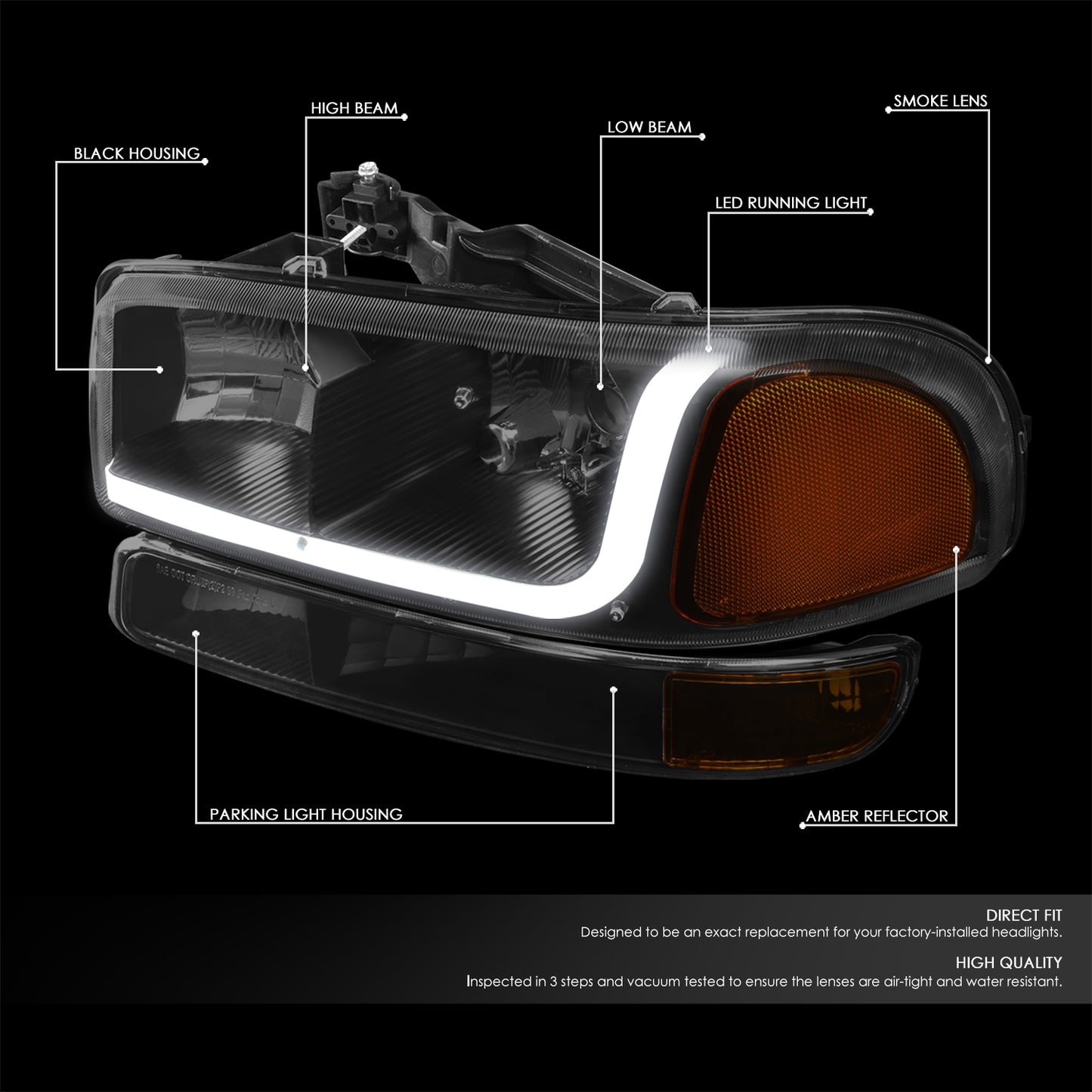99-07 GMC SIERRA/YUKON LED DRL TINTED AMBER HEADLIGHTS W/BUMPER SIGNAL LAMPS