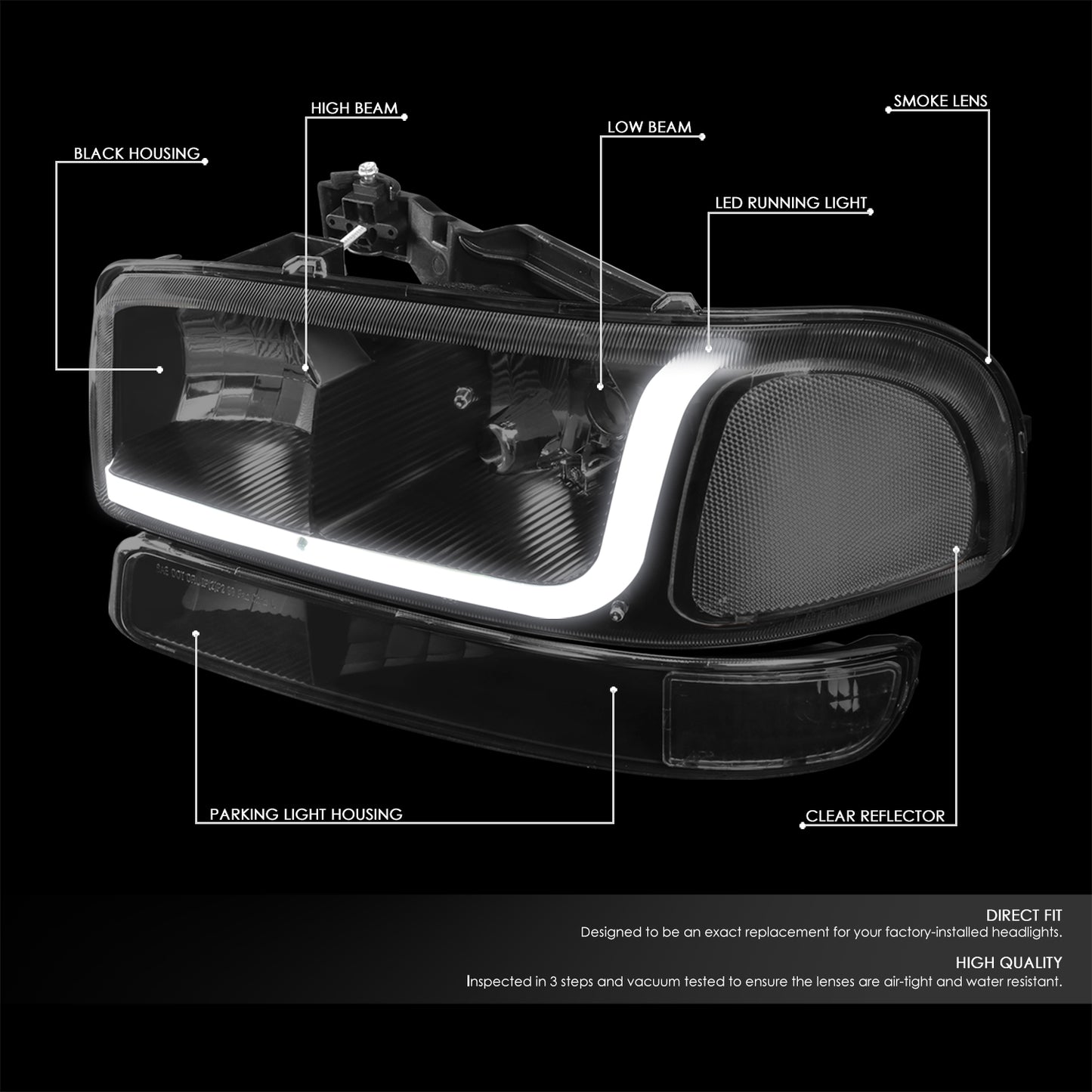99-07 GMC SIERRA/YUKON LED DRL TINTED CLEAR HEADLIGHTS W/BUMPER SIGNAL LAMPS