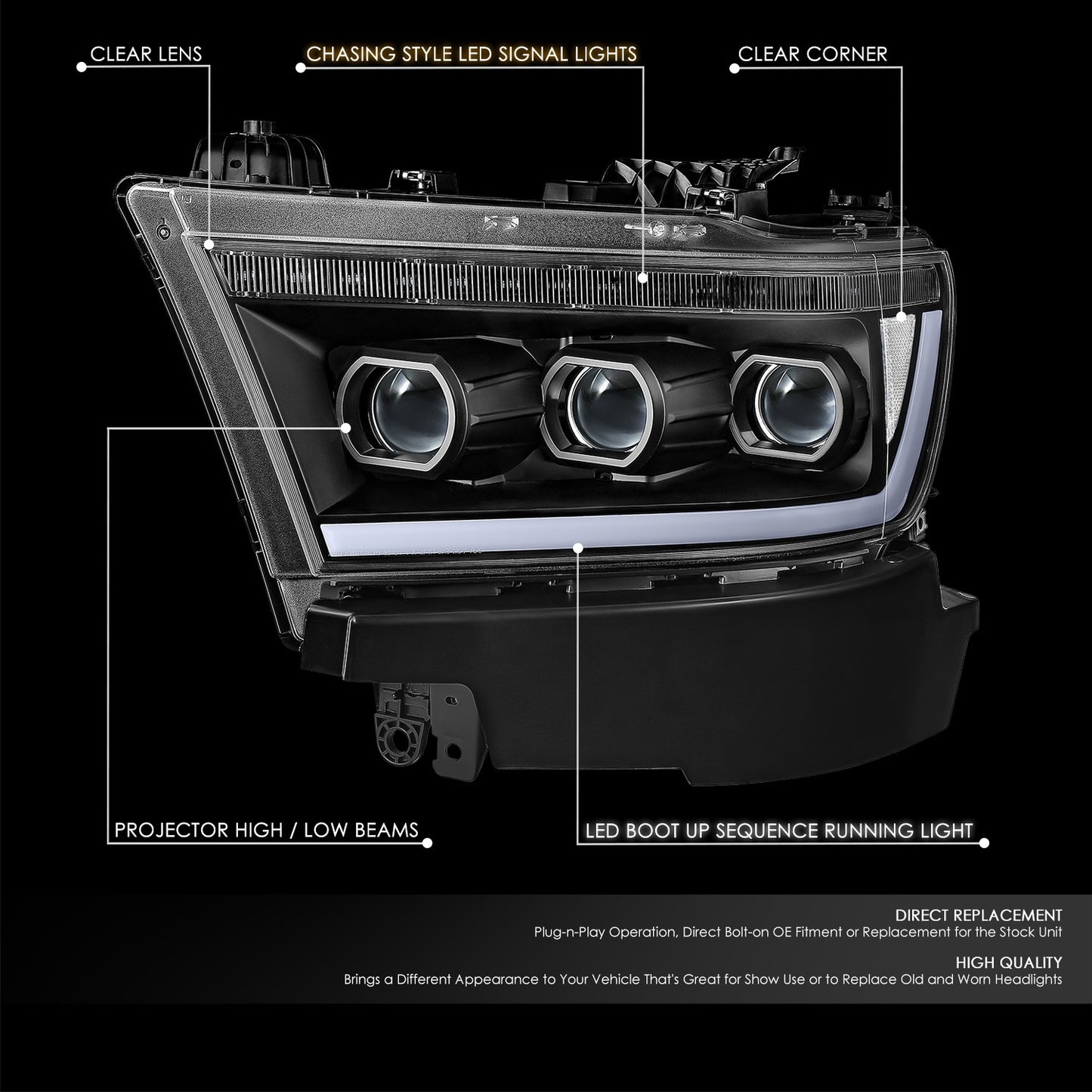 19-24 Ram 1500 Animated Start-Up Sequential LED Projector Headlights Black