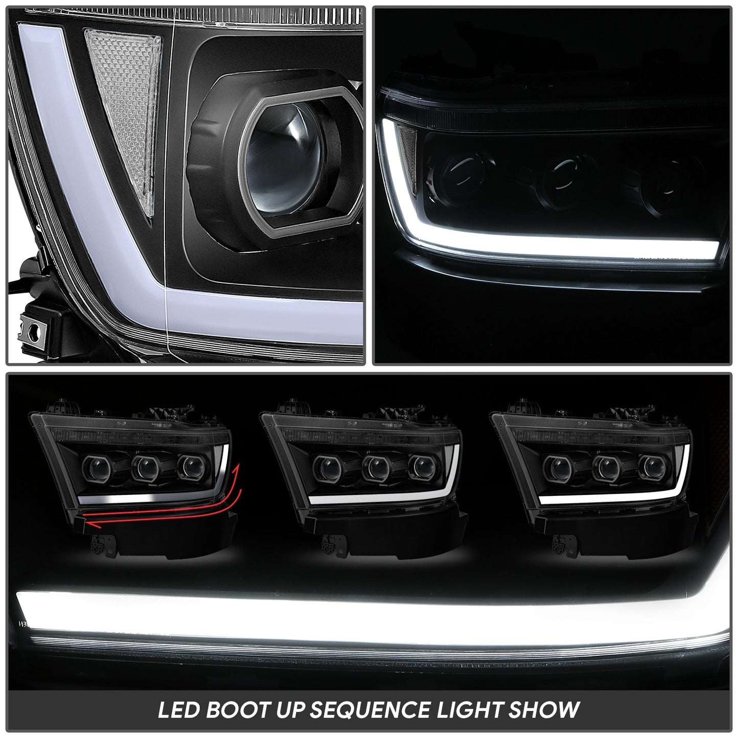 19-24 Ram 1500 Animated Start-Up Sequential LED Projector Headlights Black