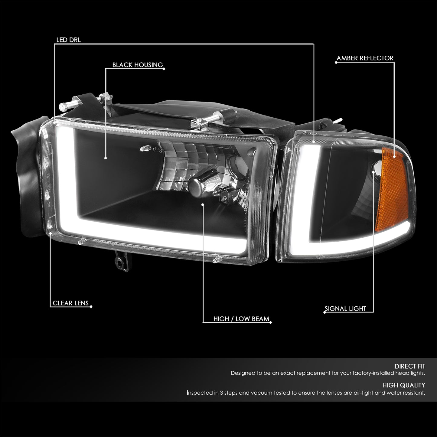 94-02 DODGE RAM 1500 2500 3500 HEADLIGHTS BLACK/AMBER DUAL L-SHAPED LED DRL