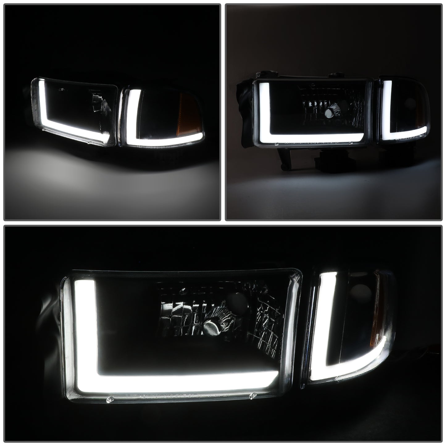94-02 DODGE RAM 1500 2500 3500 HEADLIGHTS BLACK/AMBER DUAL L-SHAPED LED DRL