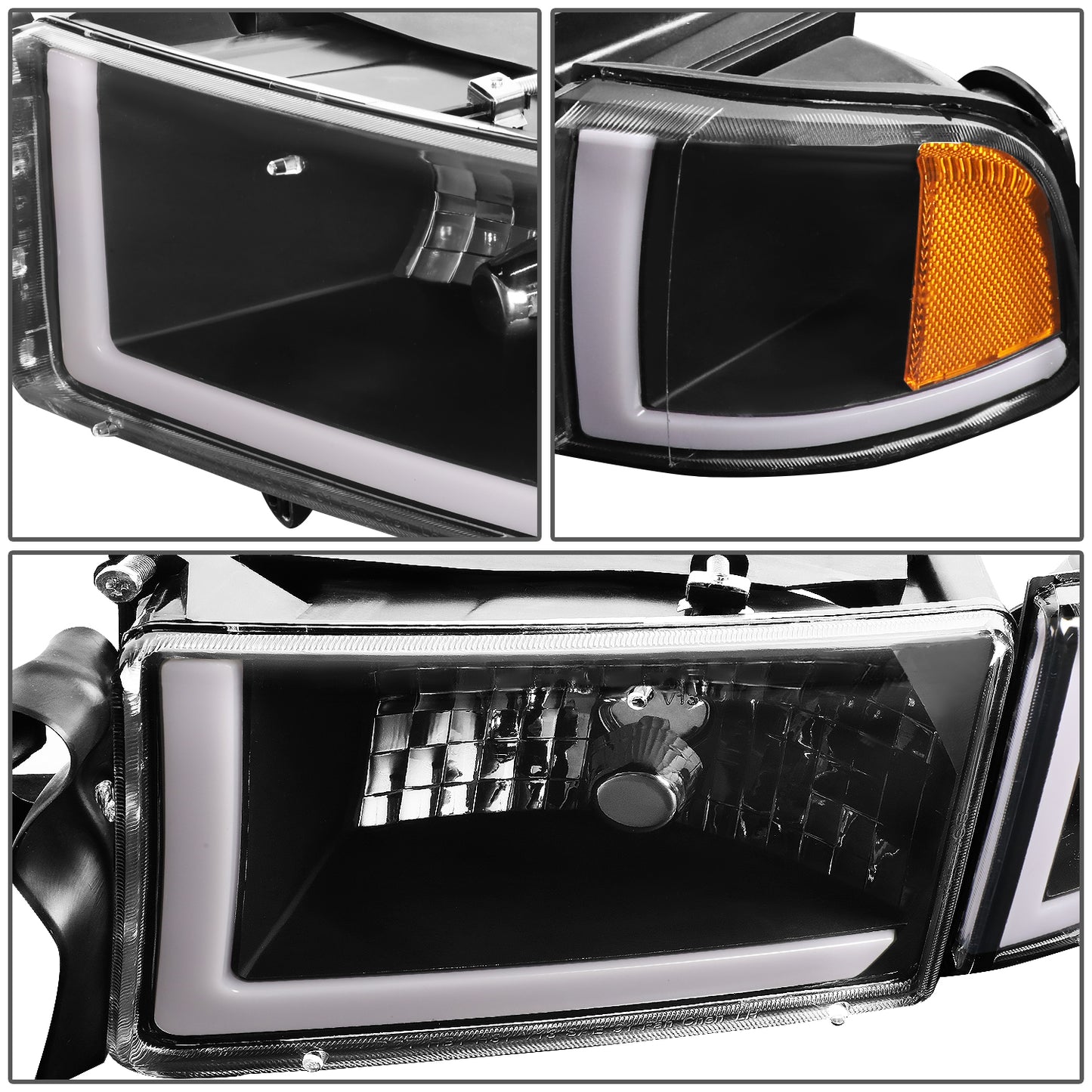 94-02 DODGE RAM 1500 2500 3500 HEADLIGHTS BLACK/AMBER DUAL L-SHAPED LED DRL