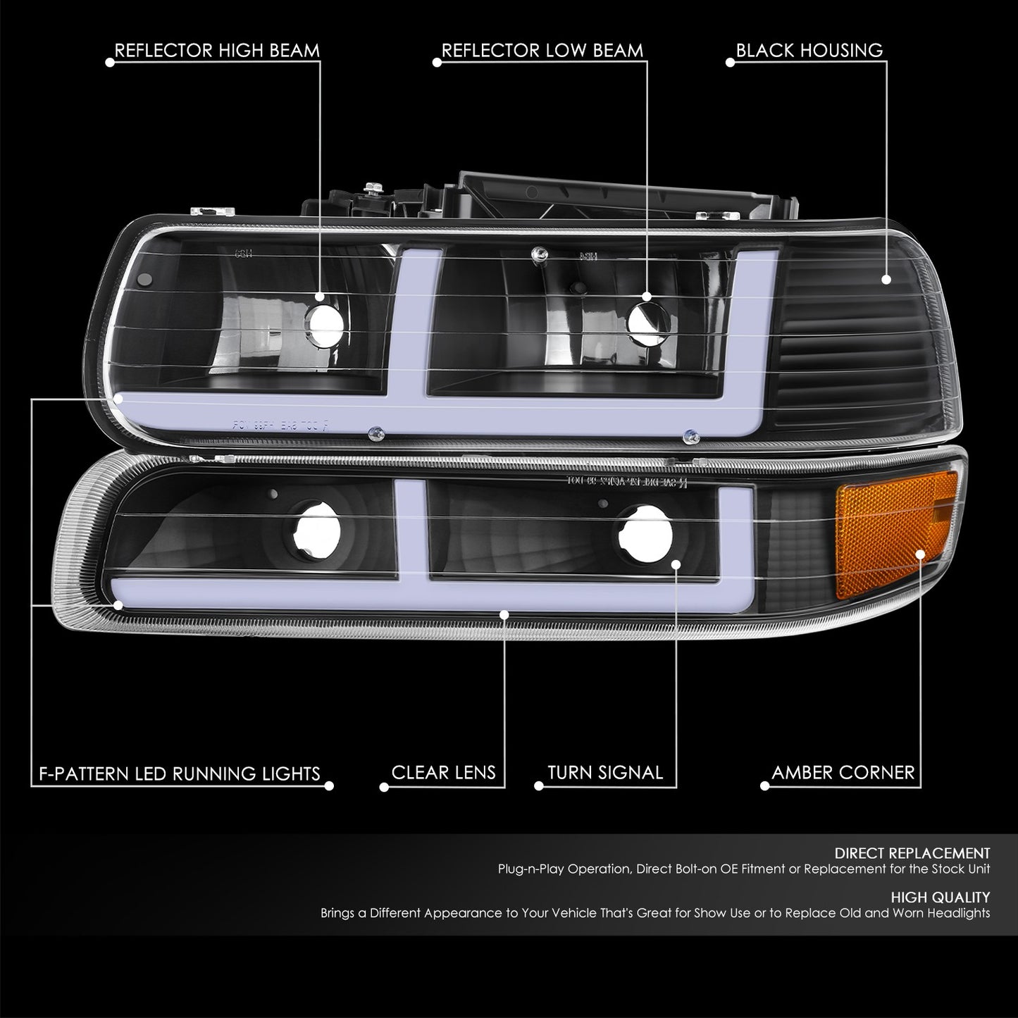 99-02 Silverado 00-06 Suburban Tahoe LED DRL Headlights Headlamps Black