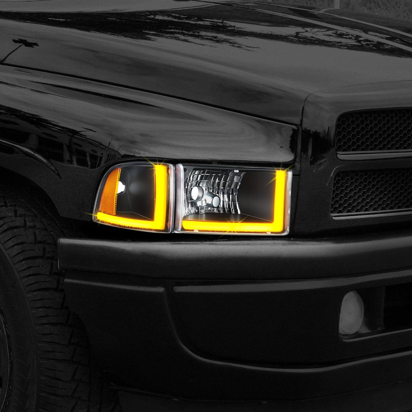 94-02 Dodge Ram 1500-3500 Headlights Black/Amber Switchback Dual L-LED DRL