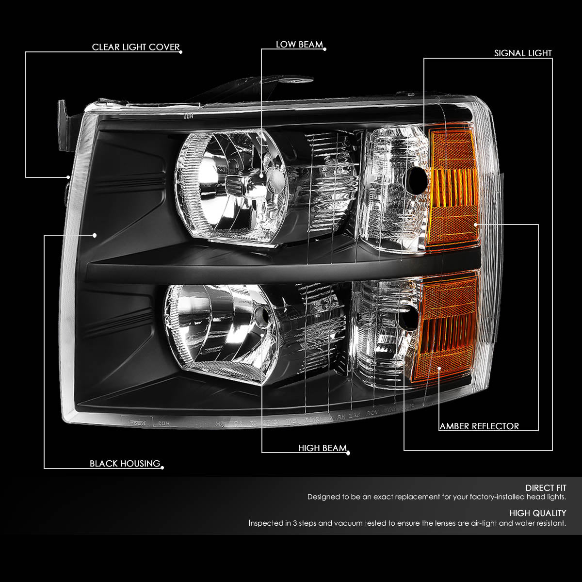 07-14 Chevy Silverado 1500 2500HD 3500 Headlight Assembly Pair Black/Amber
