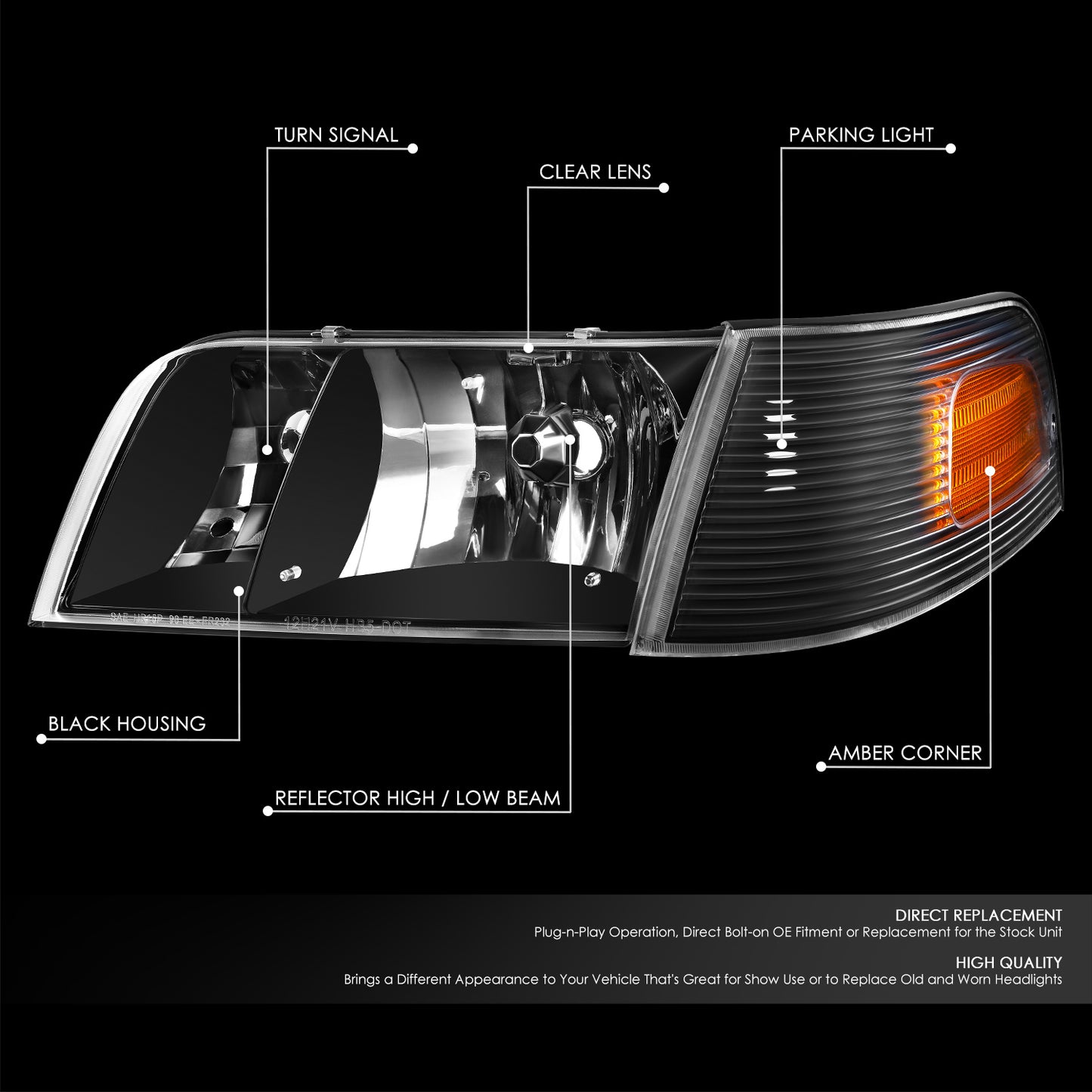 98-11 Ford Crown Victoria Black Housing Headlight Amber Corner Signal Lamps