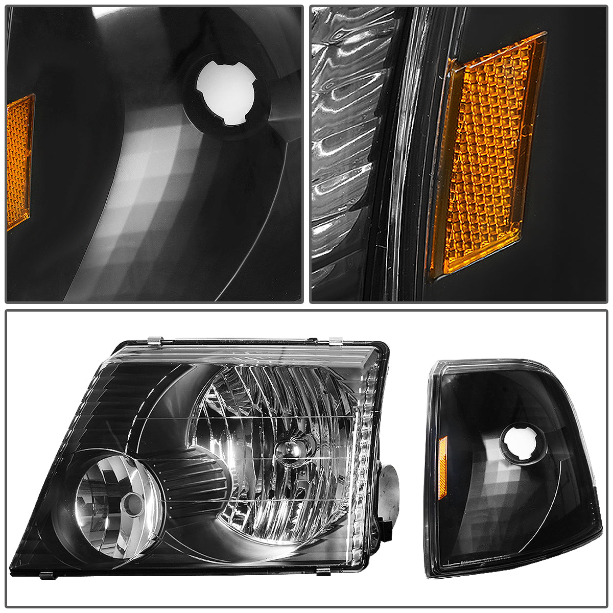 02-05 FORD EXPLORER 4PCS BLACK HOUSING HEADLIGHTS AMBER CORNER SIGNAL LAMPS