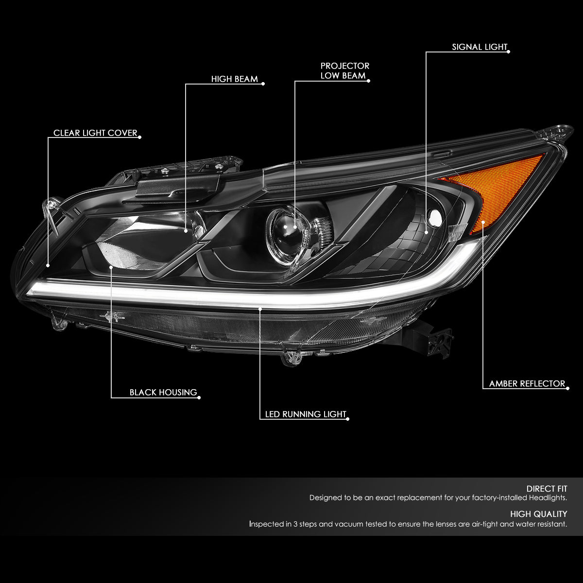16-17 HONDA ACCORD EX EX-L SE SPORT PROJECTOR HEADLIGHT BLACK/AMBER