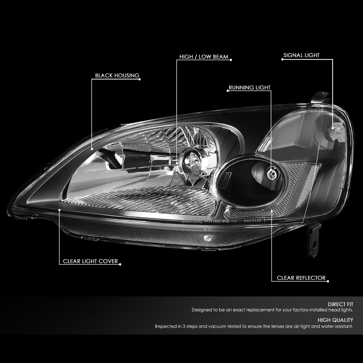 01-03 HONDA CIVIC OE STYLE BLACK HOUSING CLEAR CORNER HEADLIGHT HEAD LAMPS