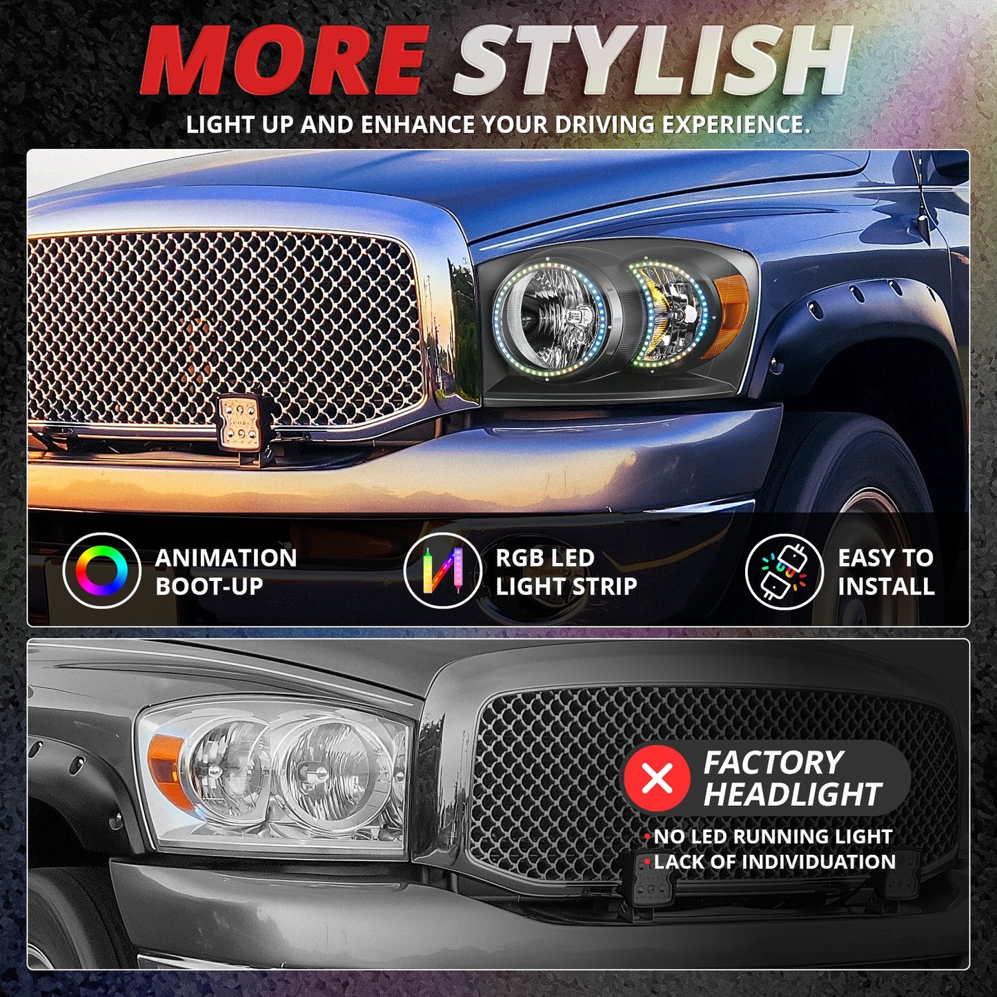 06-09 Dodge Ram 1500 2500 3500 Headlight Lamps Black/Amber RGB LED DRL