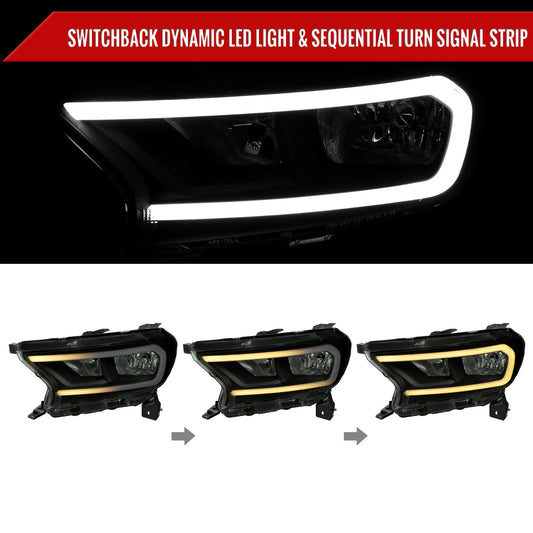 2019-2023 Ford Ranger XL XLT Factory Style Replacement Headlights with LED Bar Turn Signal (Glossy Black Housing / Smoked Lens)