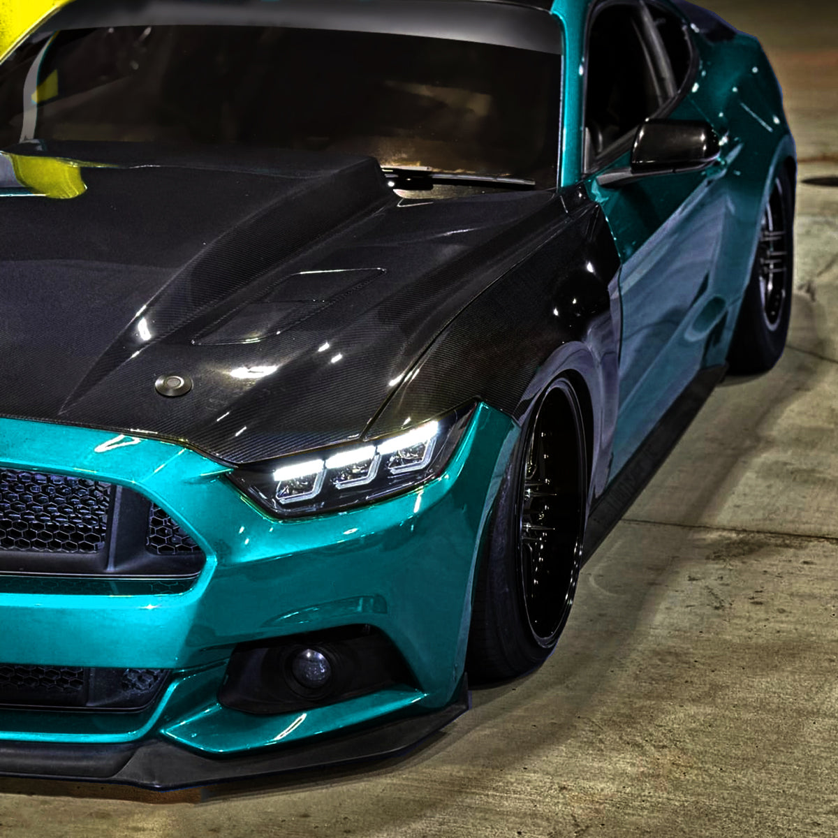 2015–2017 Ford Mustang Full LED Projector Headlights Switchback Sequential with Start-Up Animation (Glossy Black Housing / Clear Lens)