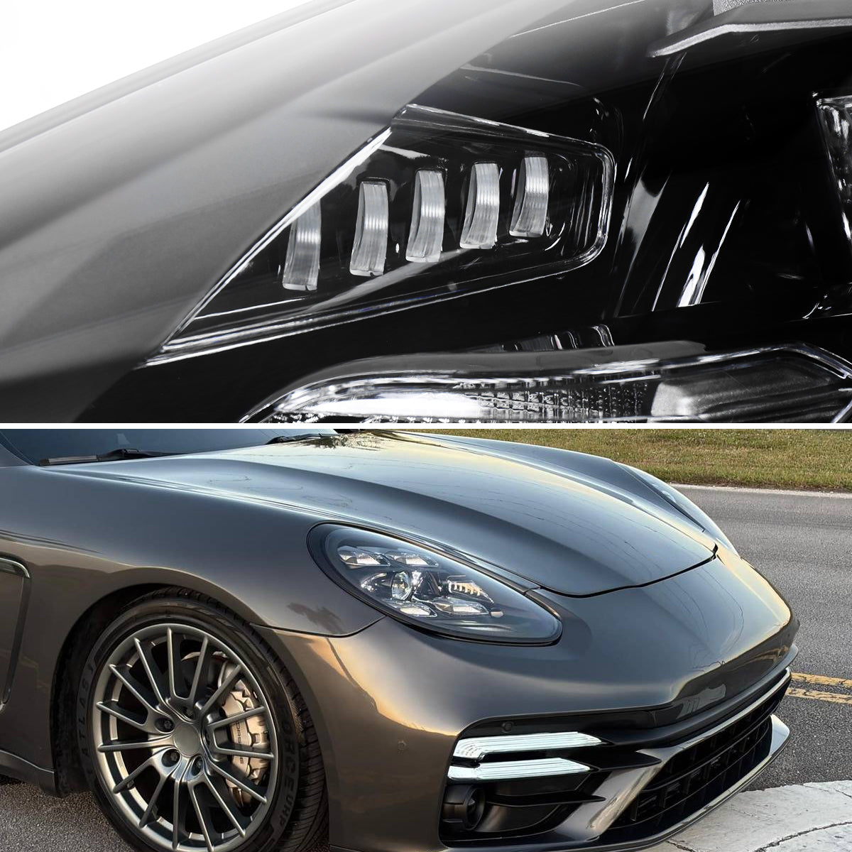 2014-2016 Porsche Panamera 970.2 LED Projector w/ DRL Headlights (Matte Black Housing / Glossy Black Accents / Clear Lens)