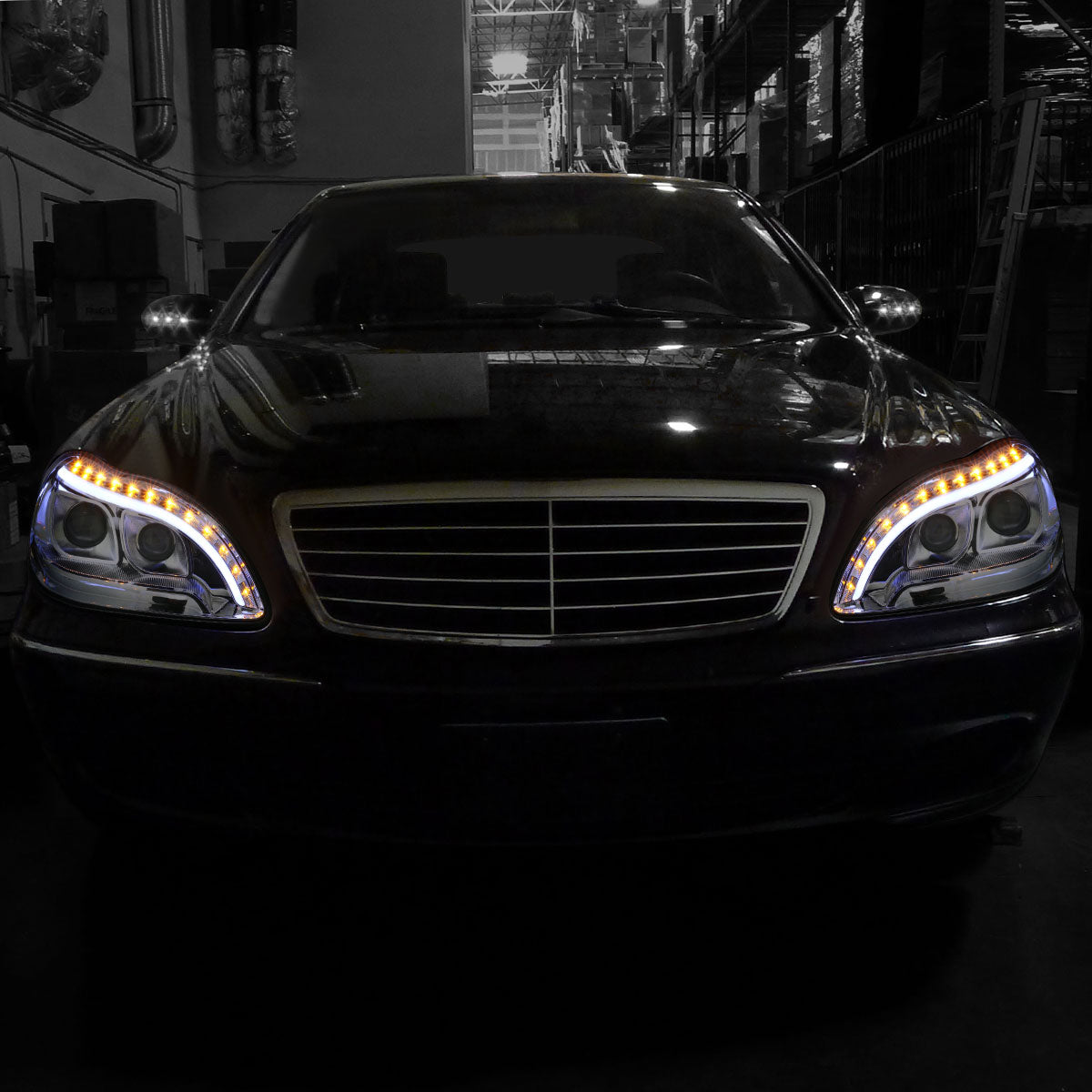 1998-2006 Mercedes Benz W220 S Class LED Bar Projector Headlights w/ LED Turn Signal Lights (Chrome Housing/Clear Lens)