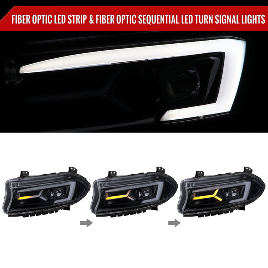 2015-2023 Dodge Charger LED Strip Projector Headlights w/ LED Sequential Turn Signal (Chrome Housing/Smoked Lens)
