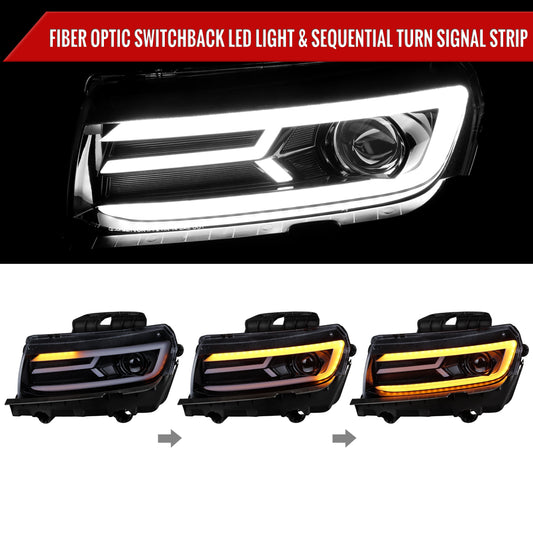 2014-2015 Chevrolet Camaro LED Strip Projector Headlights w/ Sequential Turn Signal Lights (Glossy Black Housing/Smoked Lens)