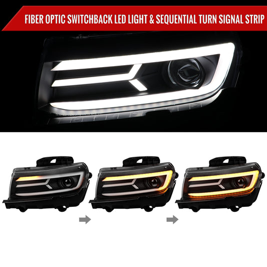 2014-2015 Chevrolet Camaro LED Strip Projector Headlights w/ Sequential Turn Signal Lights (Matte Black Housing/Clear Lens)