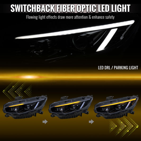 2016-2021 Honda Civic Projector Headlights w/ Switchback LED Sequential Turn Signals DRL Parking Light Strip (Glossy Black Housing / Smoked Lens)