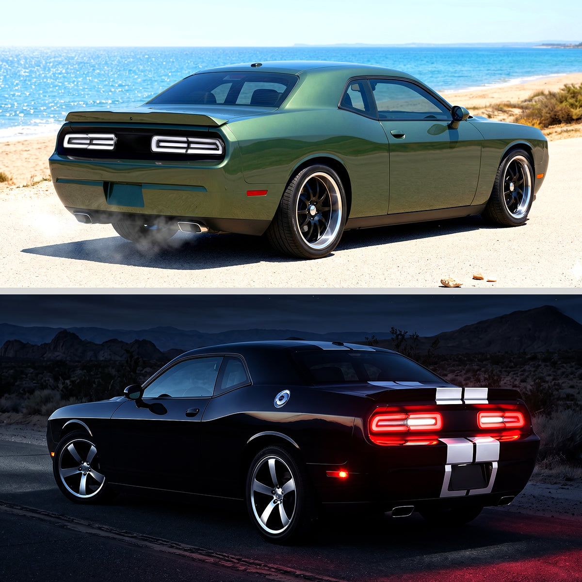 2008-2014 Dodge Challenger Sequential LED Turn Signal Tail Lights (Black Housing / Clear Lens / White Bars)