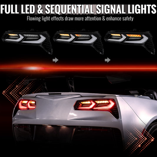 2014-2019 Chevrolet Corvette C7 Sequential LED Turn Signal C8-Style Tail Lights (Black Housing / Clear Lens)