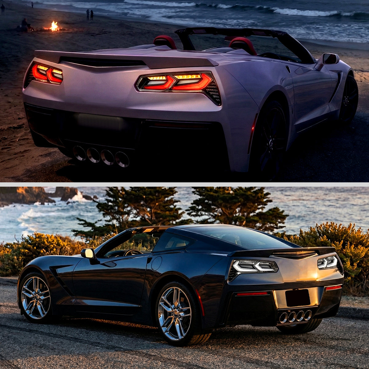 2014-2019 Chevrolet Corvette C7 Sequential LED Turn Signal C8-Style Tail Lights (Black Housing / Clear Lens)