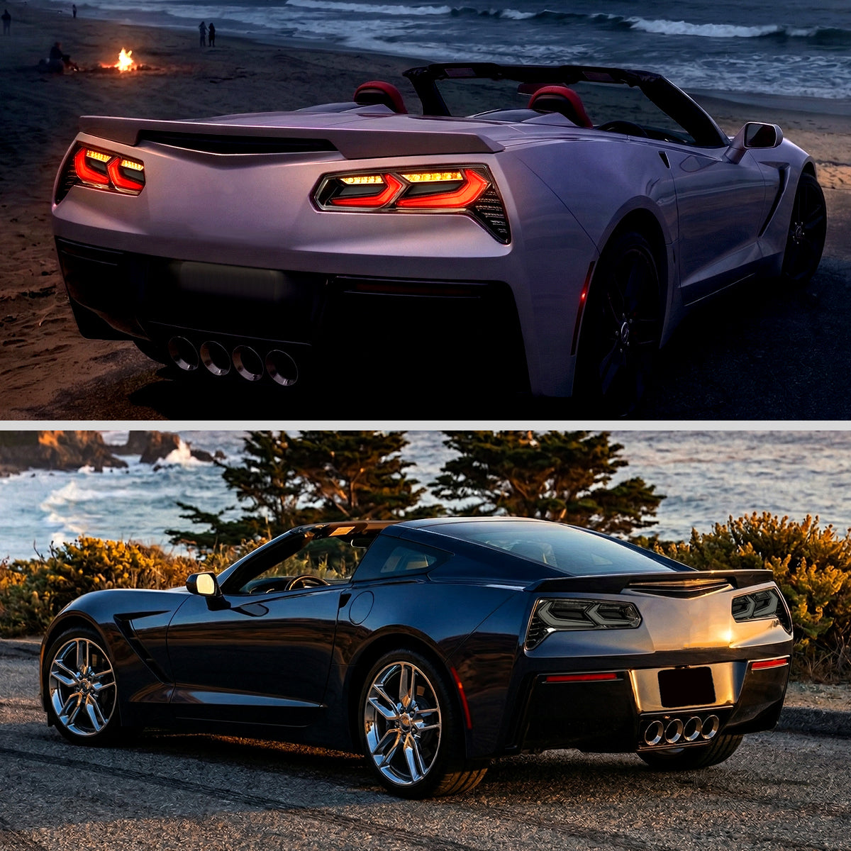 2014-2019 Chevrolet Corvette C7 Sequential LED Turn Signal C8-Style Tail Lights (Black Housing / Smoked Lens)