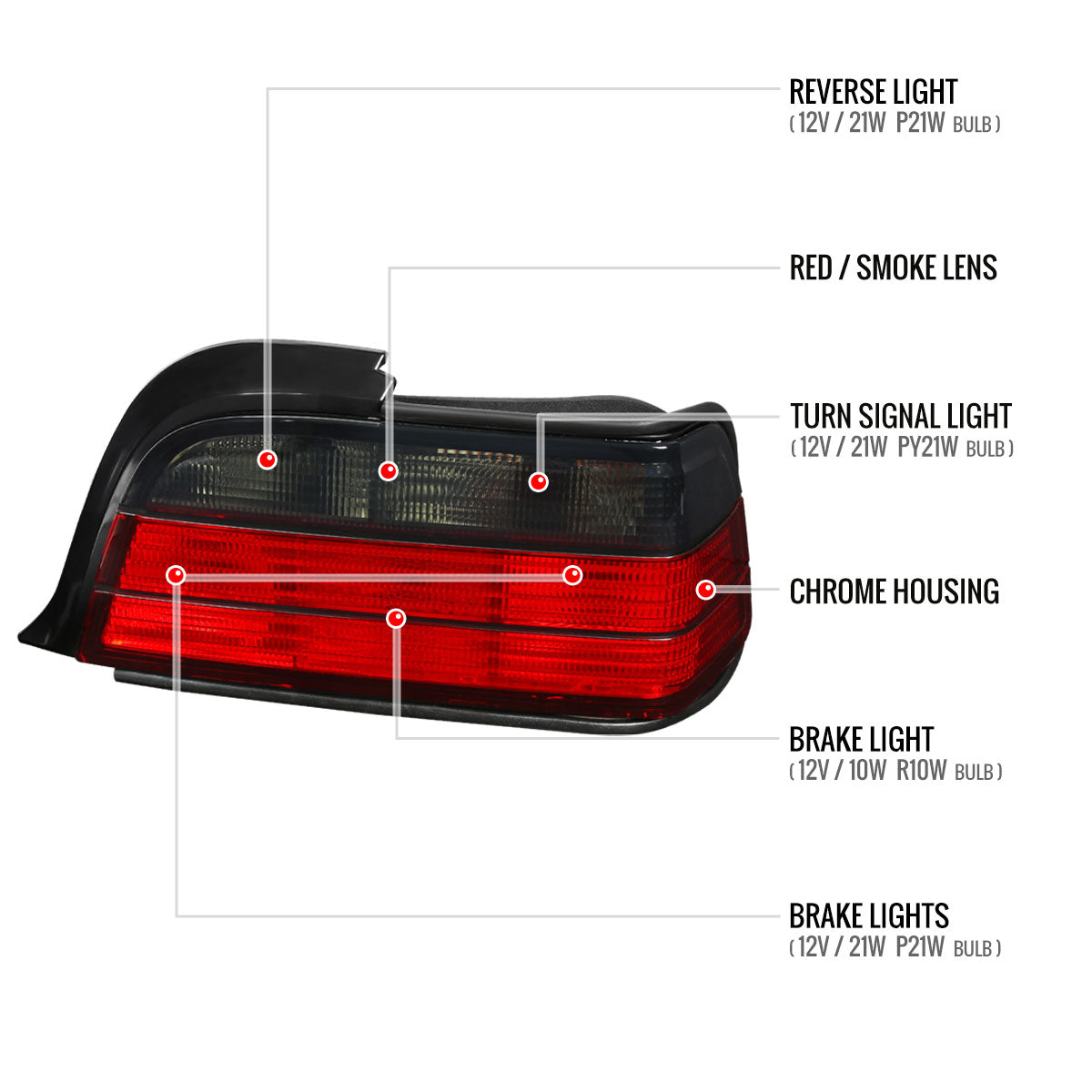 1992-1998 BMW E36 3 Series Coupe/Convertible Tail Lights (Chrome Housing/Red Smoked Lens)