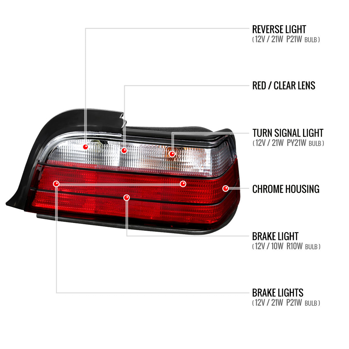 1992-1998 BMW E36 3 Series Coupe/Convertible Tail Lights (Chrome Housing/Red Clear Lens)