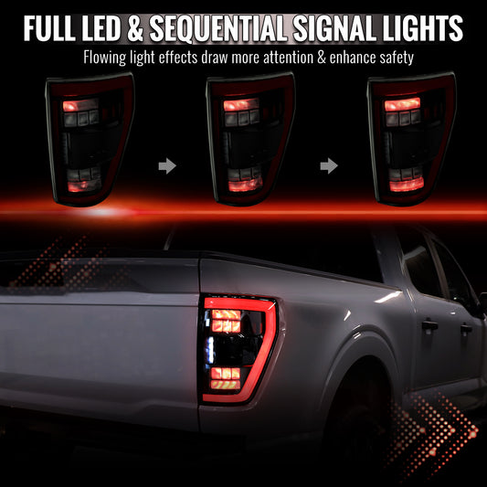 2021–2023 Ford F-150 LED Tail Lights w/ Switchback Sequential Turn Signals (Black Housing / Smoked Lens)