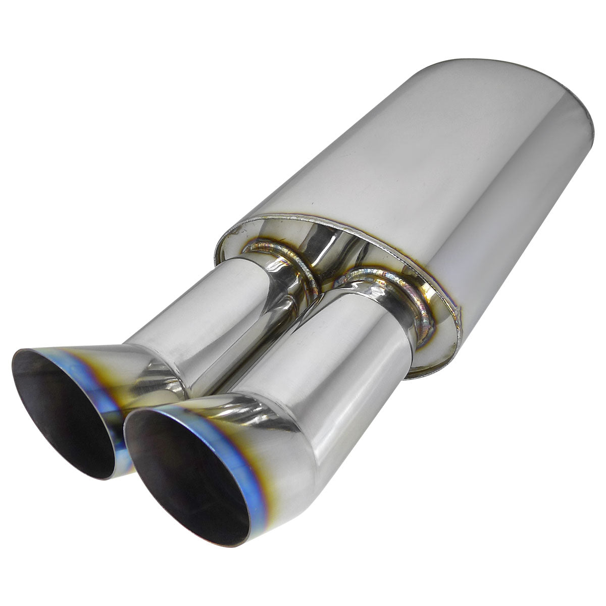 Universal DTM Style 2.5" Inlet/3" Outlet Stainless Steel Exhaust Muffler w/ Dual Burnt Tips