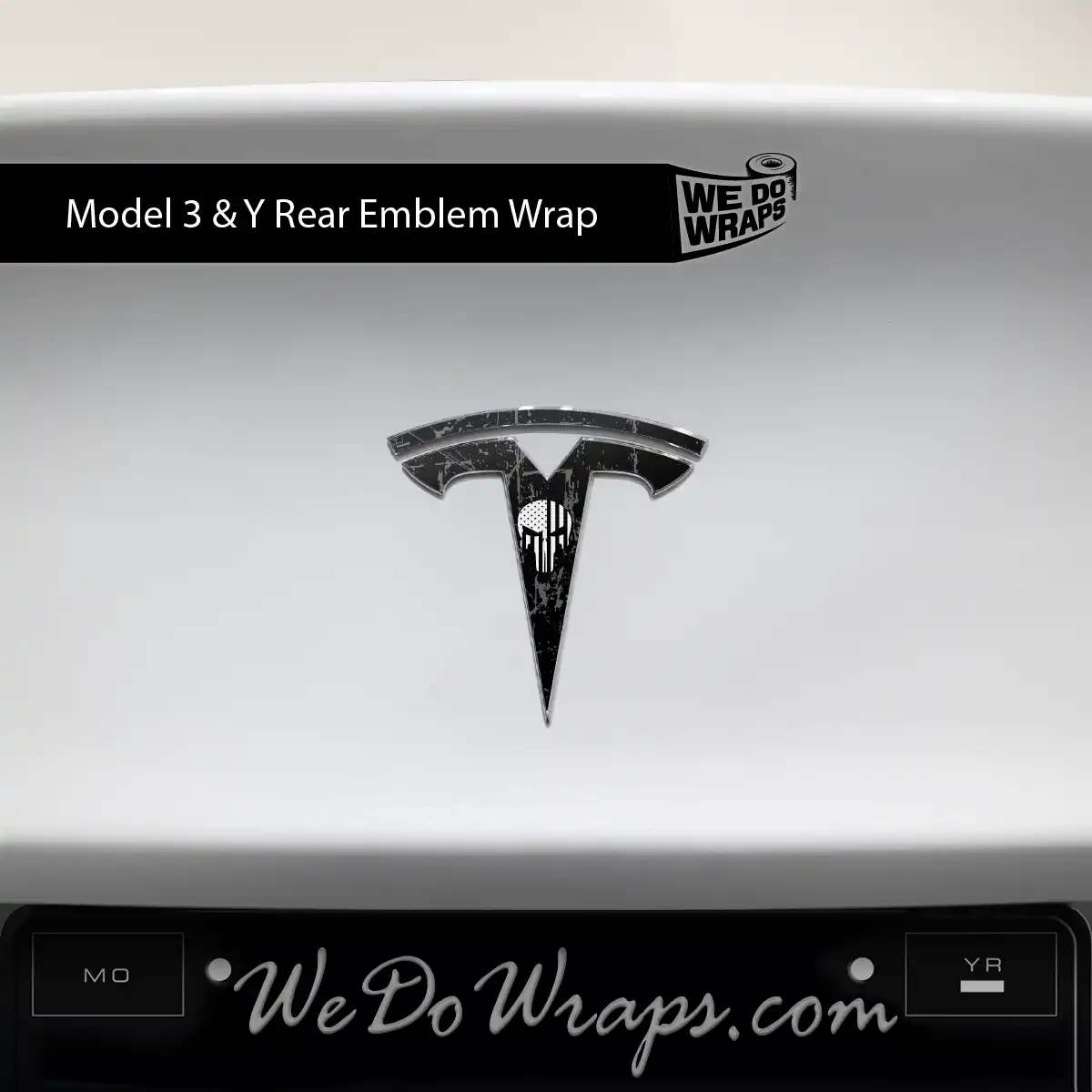 Distressed Skull Tesla Emblem Decals (Front + Back) | Model 3
