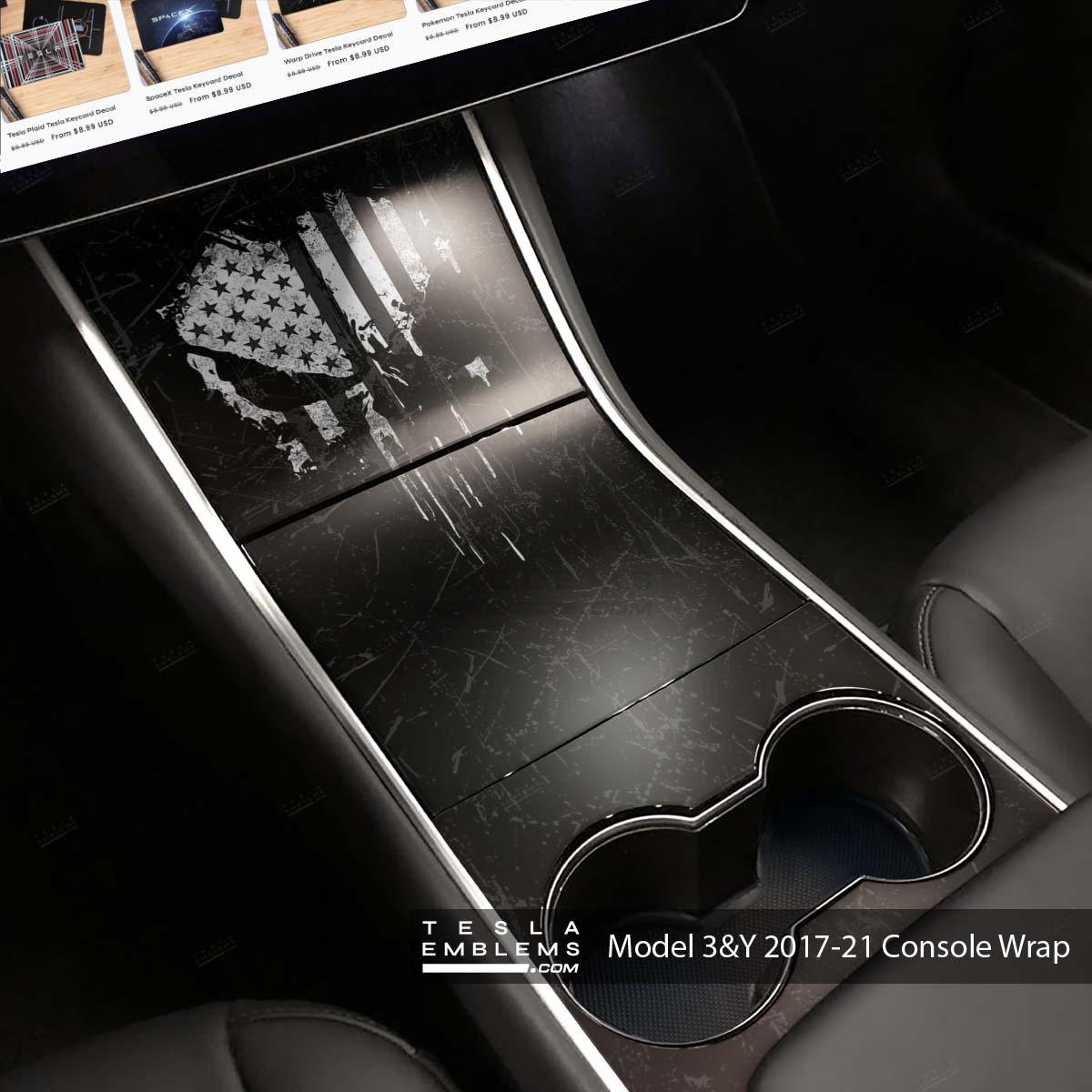 Distressed Skull | Tesla Center Console Wrap Kit | Model 3 ’17-20