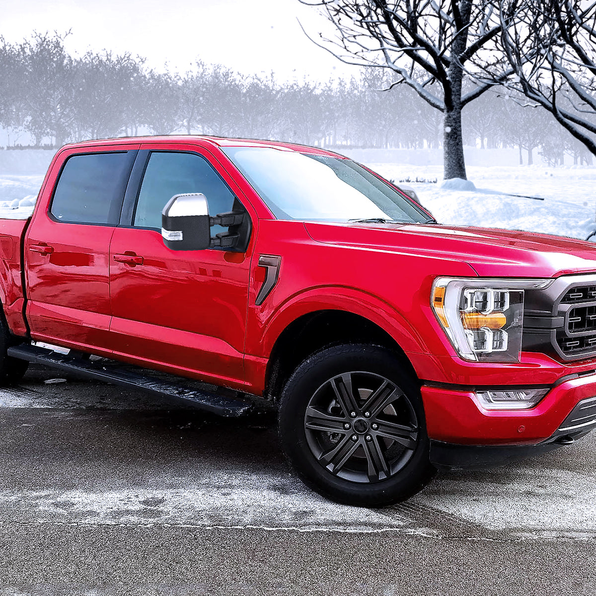 2021-2025 Ford F-150 F-250 Power Adjustable, Heated, & Manual Extendable Towing Mirrors w/ Clear Lens LED Turn Signal, Clearance, Puddle, & Auxiliary Lights