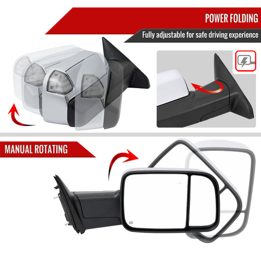 2019-2022 Ram 2500 3500 Chrome Power Adjustable, Auto-Fold, BSD & Heated Side Mirror w/ LED Puddle and Turn Signal Light - Passenger Side Only