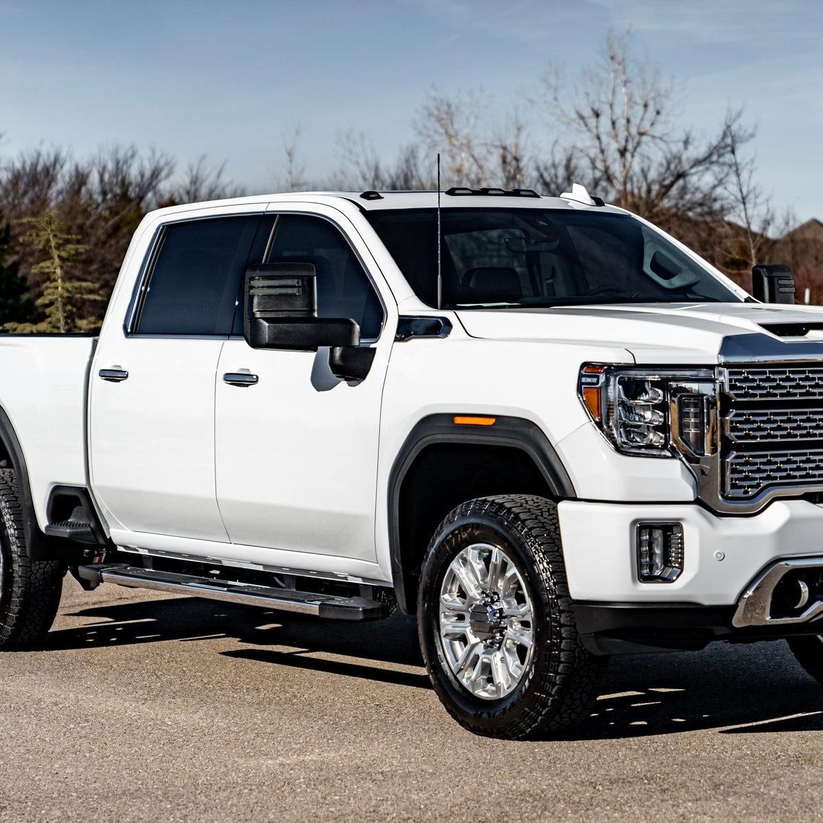 2019-2025 GMC Sierra 1500 Power Adjustable, Heated, & Manual Extendable Black Towing Mirrors w/ Smoked Lens LED Turn Signal & Clearance Lights