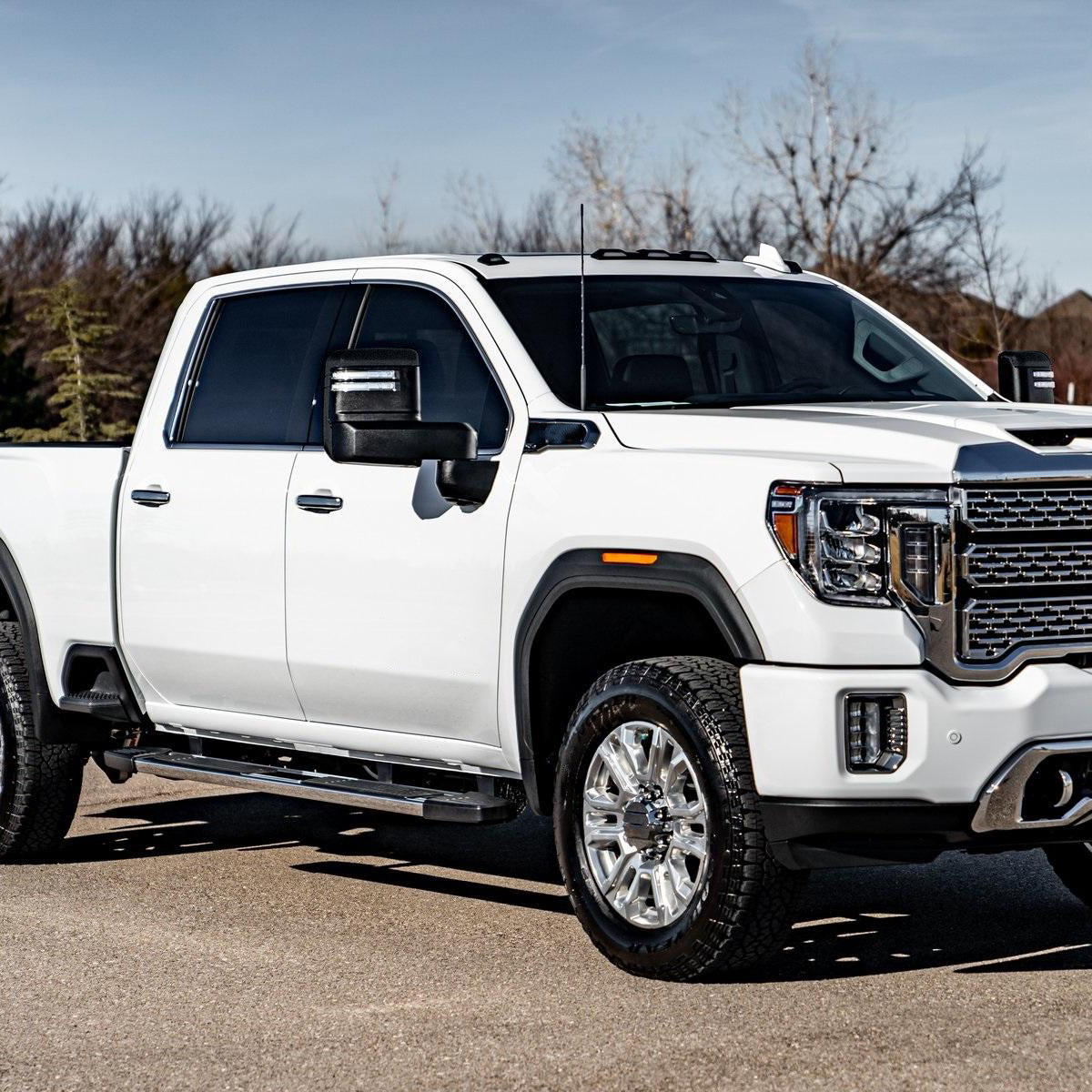 2019-2025 GMC Sierra 1500 Power Adjustable, Heated, & Manual Extendable Black Towing Mirrors w/ Clear Lens LED Turn Signal & Clearance Lights