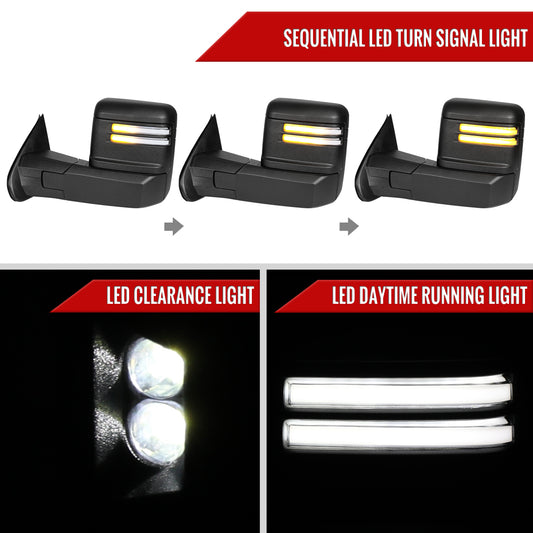 2014-2018 Silverado Sierra 1500 Power Adjustable, Heated, & Manual Extendable Towing Mirrors w/ Clear Lens LED DRL, Turn Signal and Clearance Lights