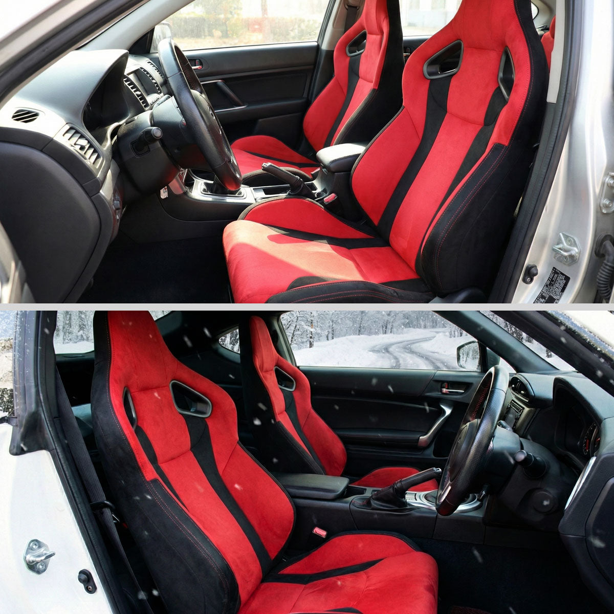 Universal Fully Reclinable Black Red Suede Bucket Racing Seat w/ Sliders - Passenger Side Only
