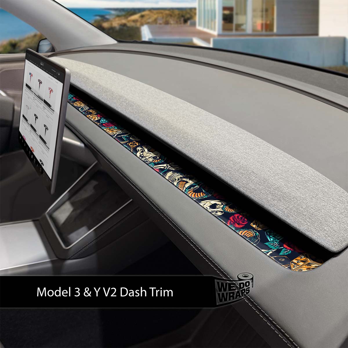 Skull & Roses Tattoo Art Tesla Dash Trim Wrap | Model Y 2026