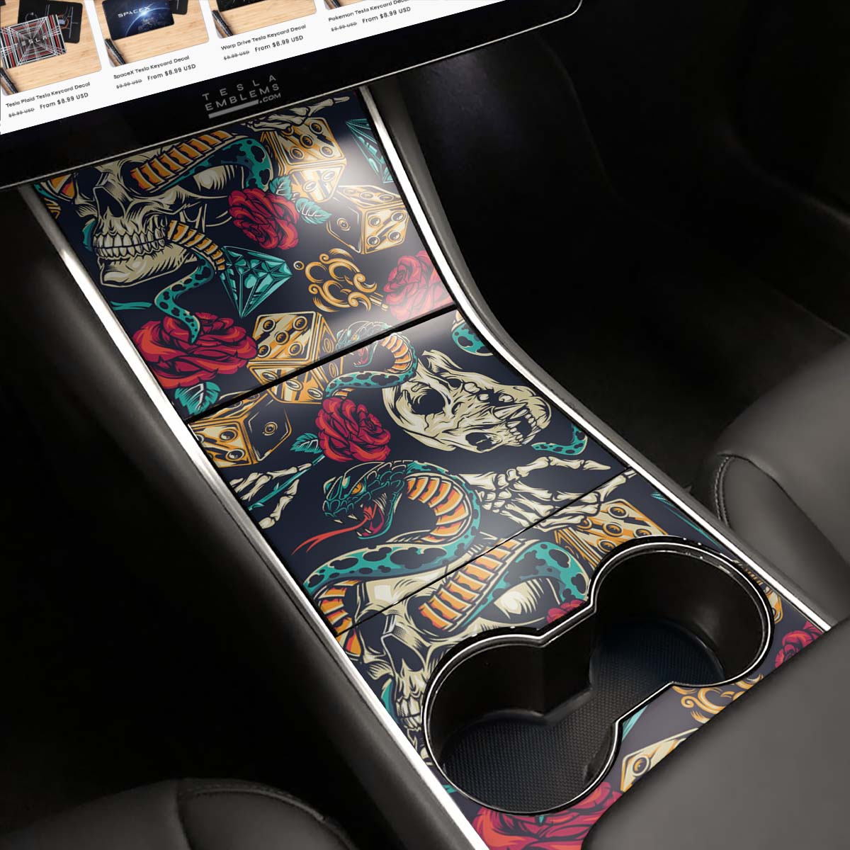 Skull & Rose Tattoo Art | Tesla Center Console Wrap Kit | Model 3 ’17-20
